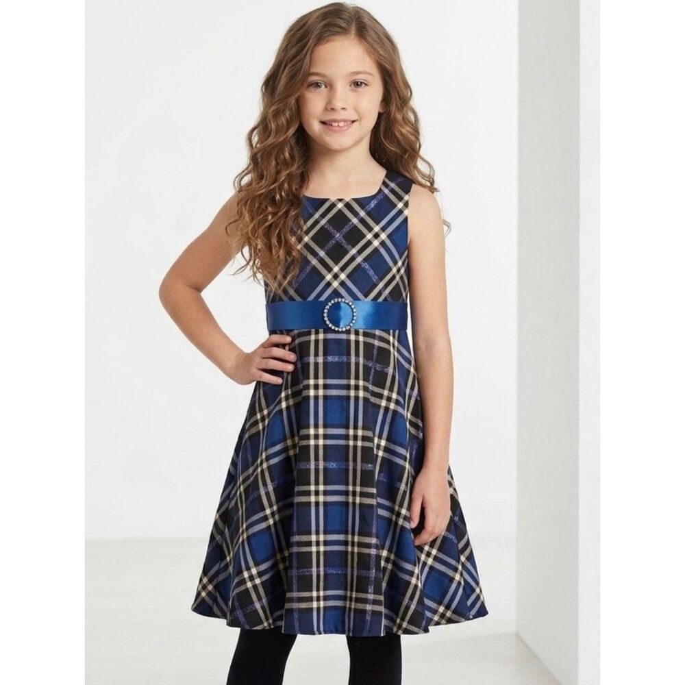 Ashley Ann Girls' Blue Plaid Sleeveless Dress with Belt- Girls 8